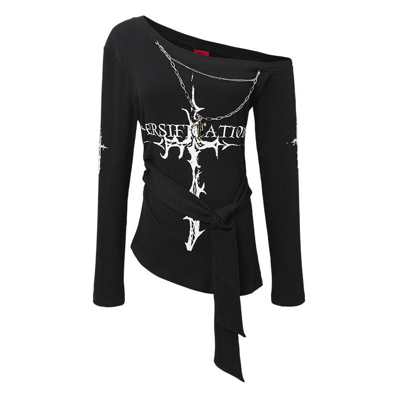 Edgy Irregular Off-Shoulder Fitted Long Sleeve T-Shirt