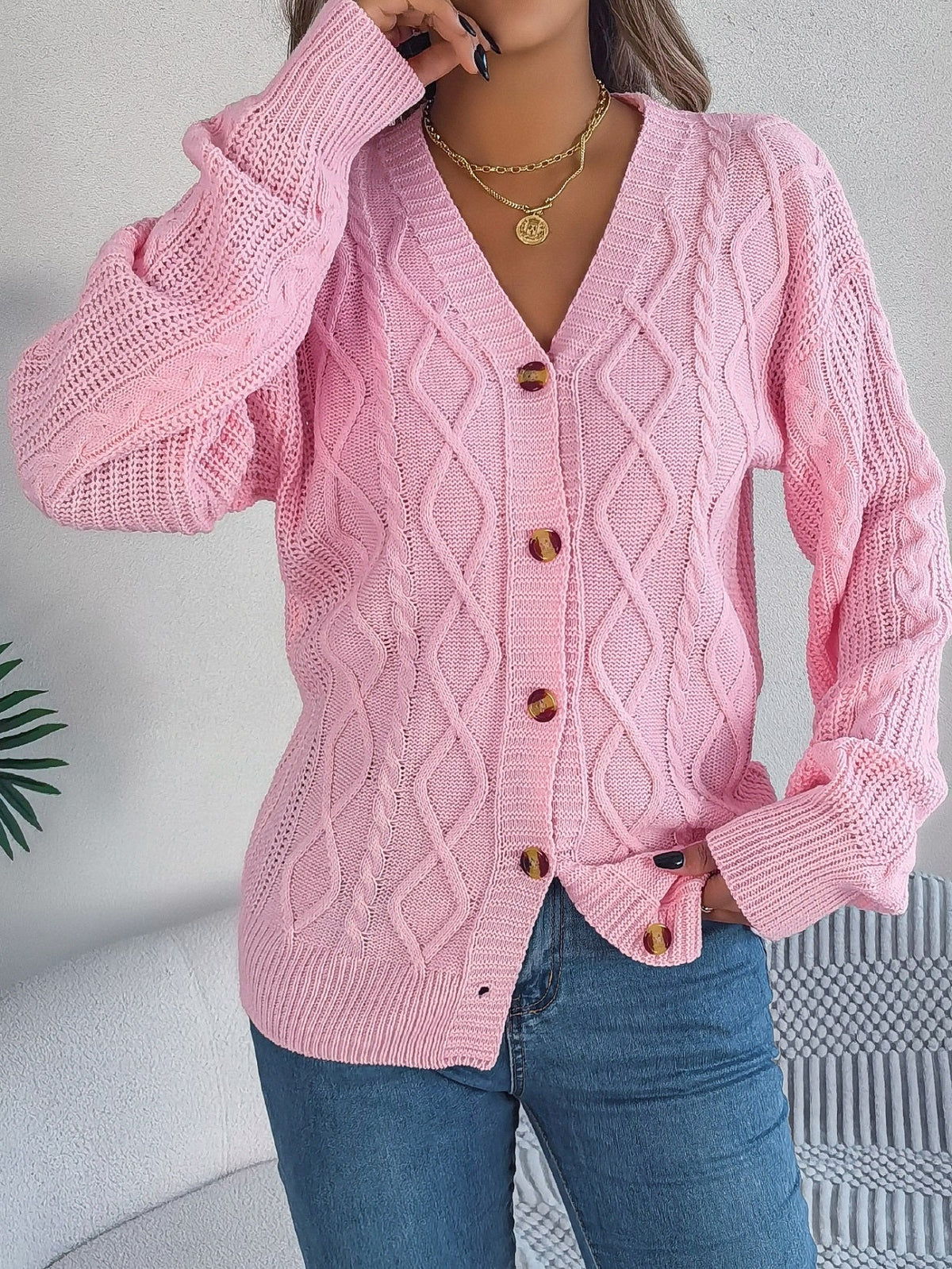 Women Casual V-Neck Lantern Sleeve Cable Knit Button Cardigan Sweater