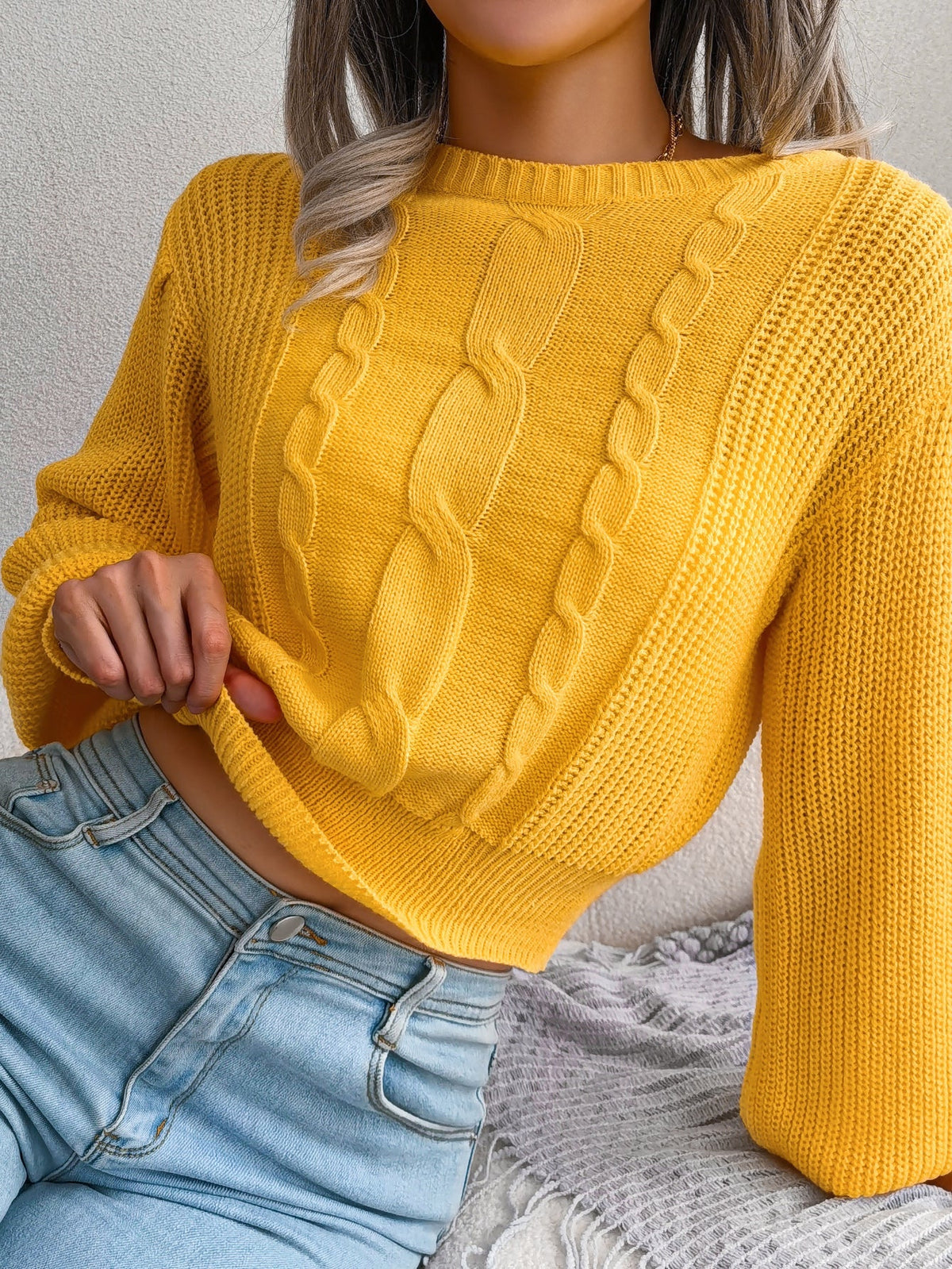 Women Casual Cable Knit Lantern Sleeve Cinched Sweater