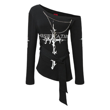 Edgy Irregular Off-Shoulder Fitted Long Sleeve T-Shirt