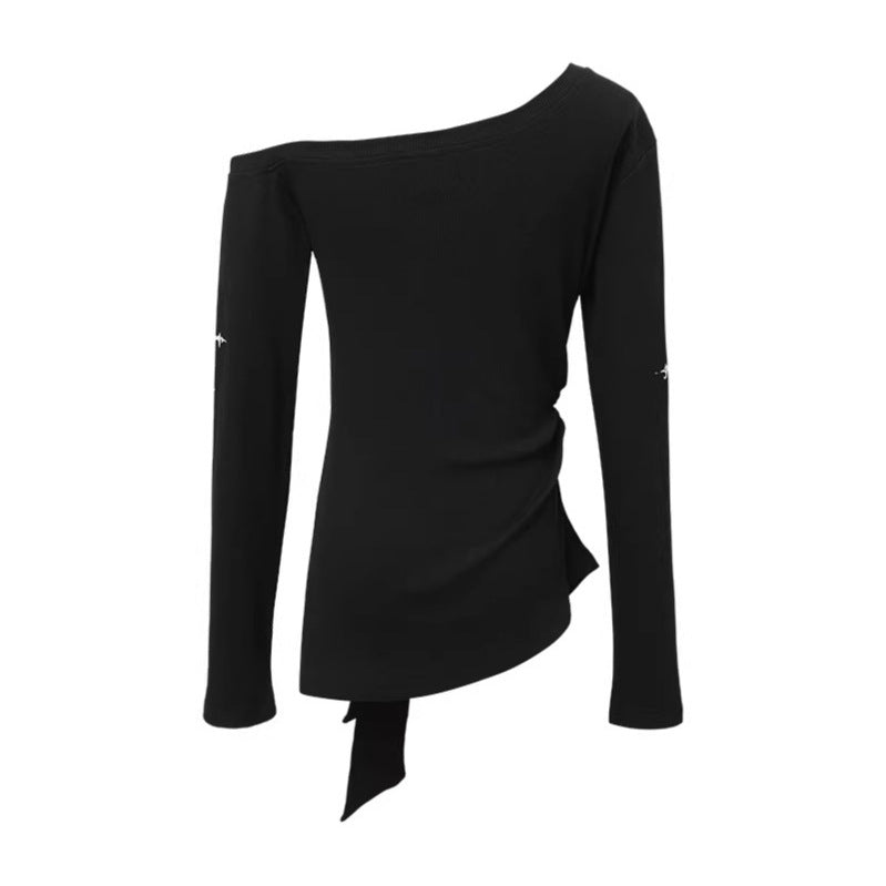 Edgy Irregular Off-Shoulder Fitted Long Sleeve T-Shirt