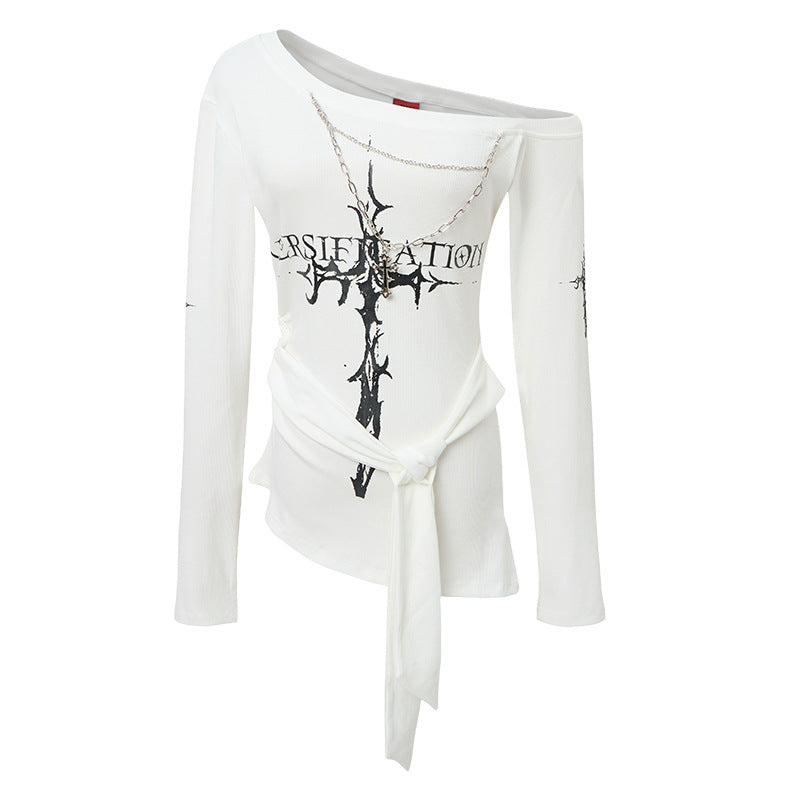 Edgy Irregular Off-Shoulder Fitted Long Sleeve T-Shirt