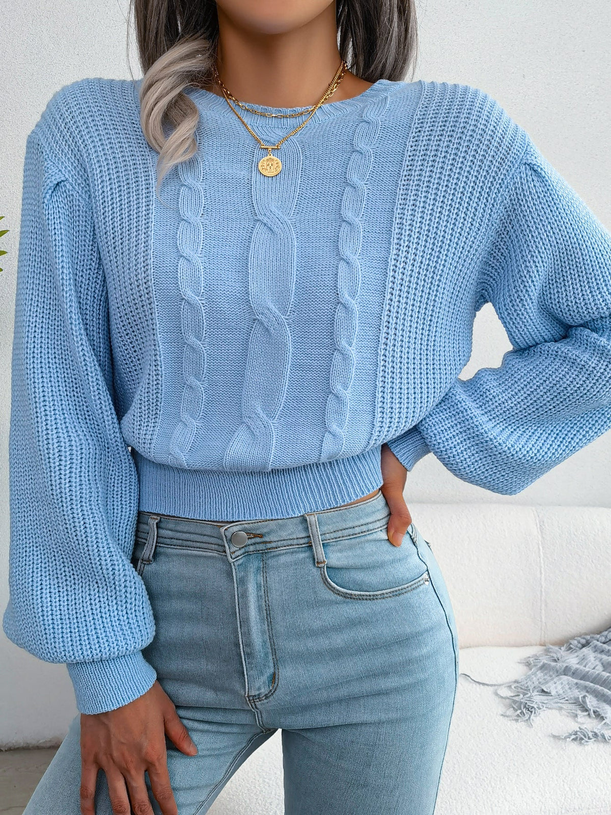 Women Casual Cable Knit Lantern Sleeve Cinched Sweater