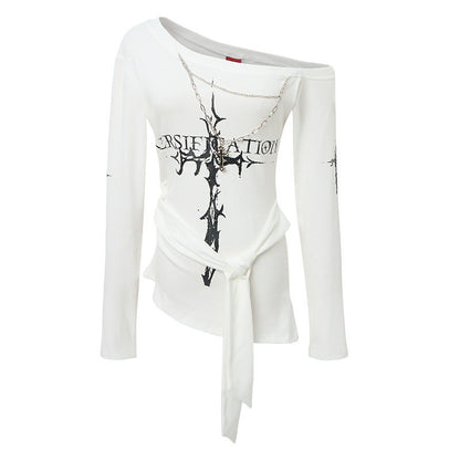 Edgy Irregular Off-Shoulder Fitted Long Sleeve T-Shirt