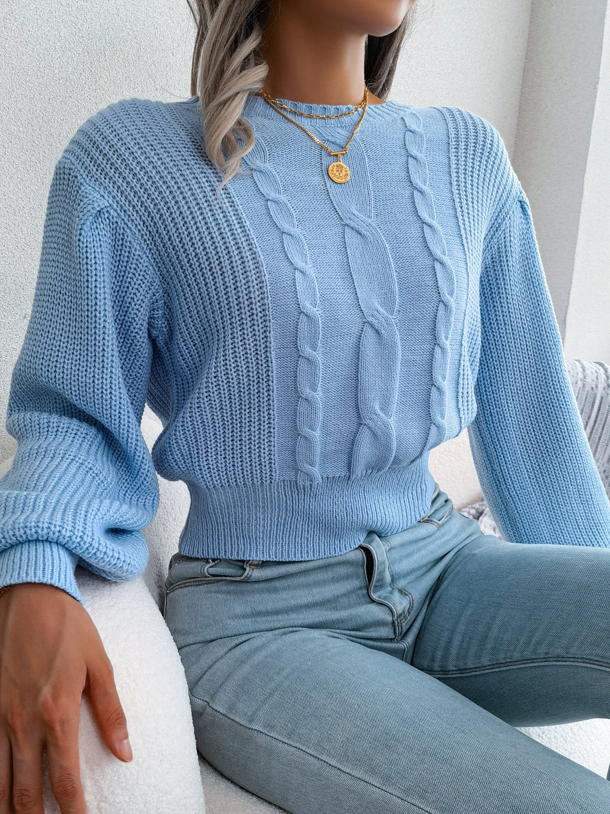 Women Casual Cable Knit Lantern Sleeve Cinched Sweater