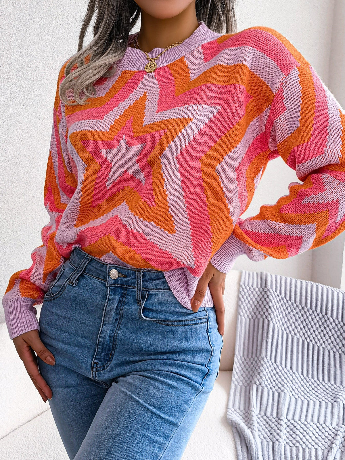 Women Fashion Color Block Star Long Sleeve Pullover Sweater