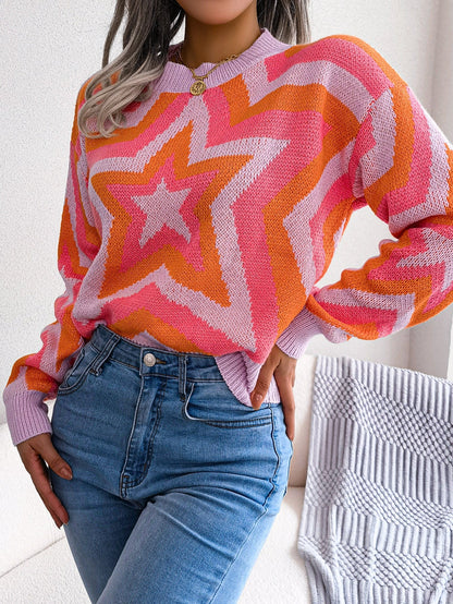 Women Fashion Color Block Star Long Sleeve Pullover Sweater