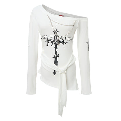 Edgy Irregular Off-Shoulder Fitted Long Sleeve T-Shirt