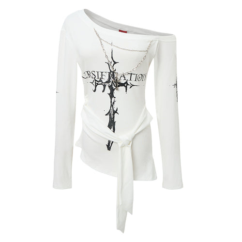 Edgy Irregular Off-Shoulder Fitted Long Sleeve T-Shirt