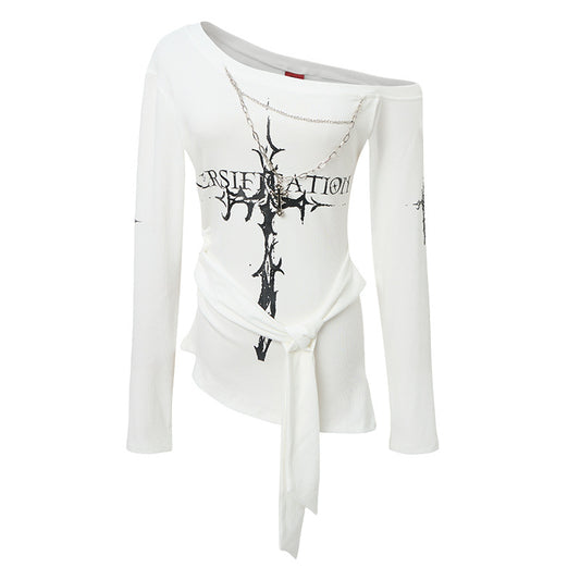 Edgy Irregular Off-Shoulder Fitted Long Sleeve T-Shirt