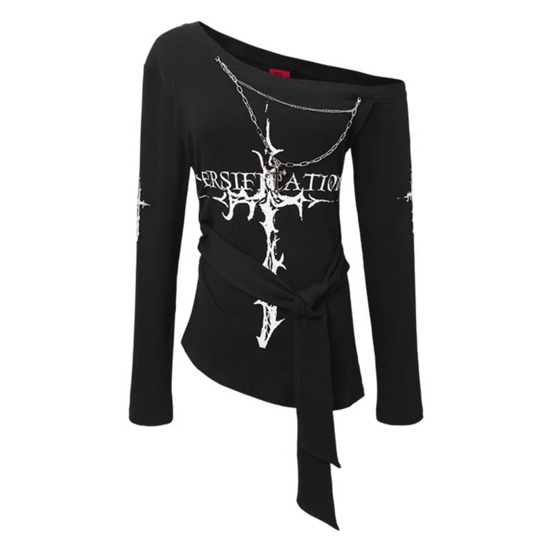 Edgy Irregular Off-Shoulder Fitted Long Sleeve T-Shirt