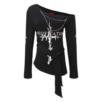 Edgy Irregular Off-Shoulder Fitted Long Sleeve T-Shirt